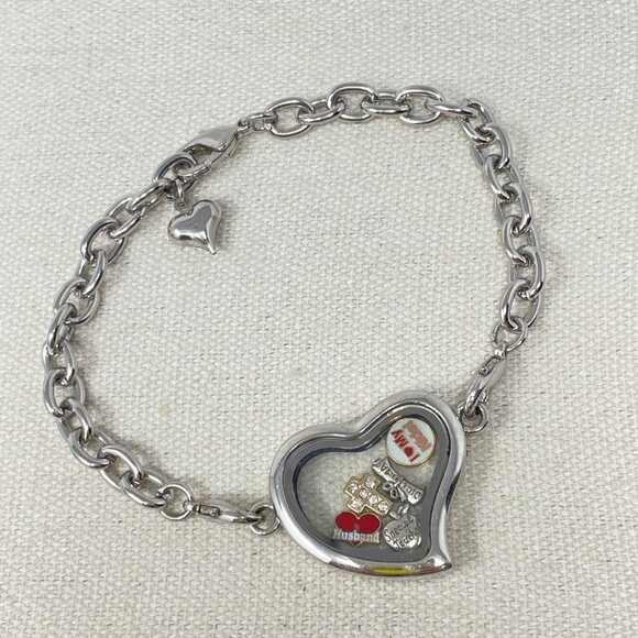 Heart Locket Bracelet Floating Charms Love Personalize Silver-Tone Mom Teacher - Picture 1 of 7